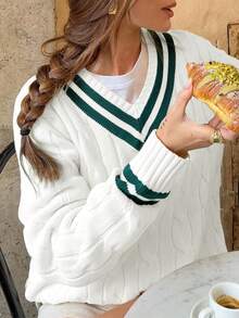 Women's Striped V-Neck Twist Cable Pattern Pullover Sweater, Comfortable College Style Long Sleeve