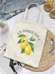1/2pcs Large Canvas Tote Bag-Lemon Design Light Shopping Bag Cosmetic Bag Shoulder Bag, Ladies, Farmers Market, Picnic, Lemon Lovers Gift, Summer Style Handle, Beach Shopping Essential Foldable, Large Capacity, Light Weight, Stylish Personalized Tote Bag, Shoulder Bag, Casual Shopping Bag Store Back To School