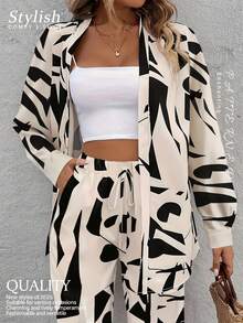 Women's Geometric Print Long-Sleeve Cardigan, Long Shirt & Pants Set - Casual Vacation Style, Soft & Comfortable Fabric - Women's Autumn Apparel - 杏色 - 查看 1