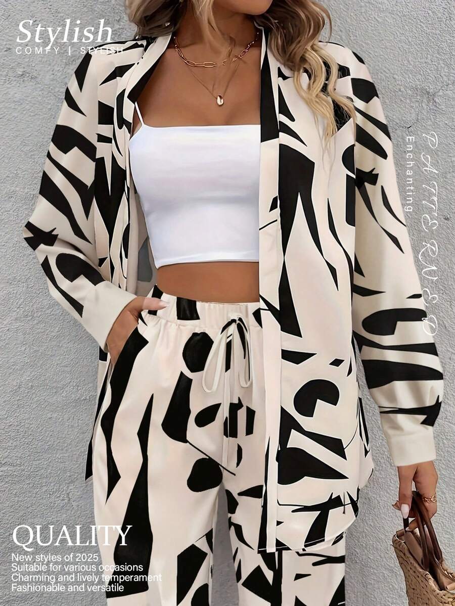 Women's Geometric Print Long-Sleeve Cardigan, Long Shirt & Pants Set - Casual Vacation Style, Soft & Comfortable Fabric - Women's Autumn Apparel - 杏色 - 查看 1
