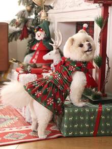 1 件格子雪花高领天鹅绒狗狗连衣裙圣诞节小狗裙子服装宠物服装猫服装带蝴蝶结适合小型犬 - 彩色 - 查看 2