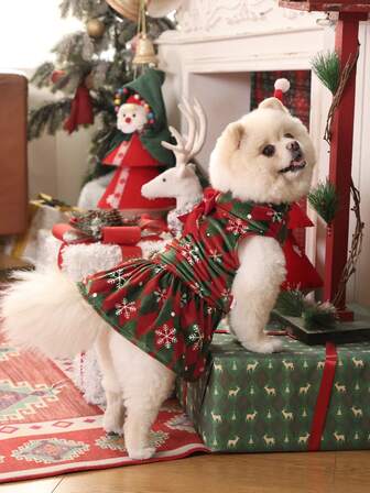 1 pieza Vestido de terciopelo con cuello alto a cuadros y copos de nieve para perros, falda de Navidad para mascotas, disfraz de gato con moño adecuado para perros pequeños