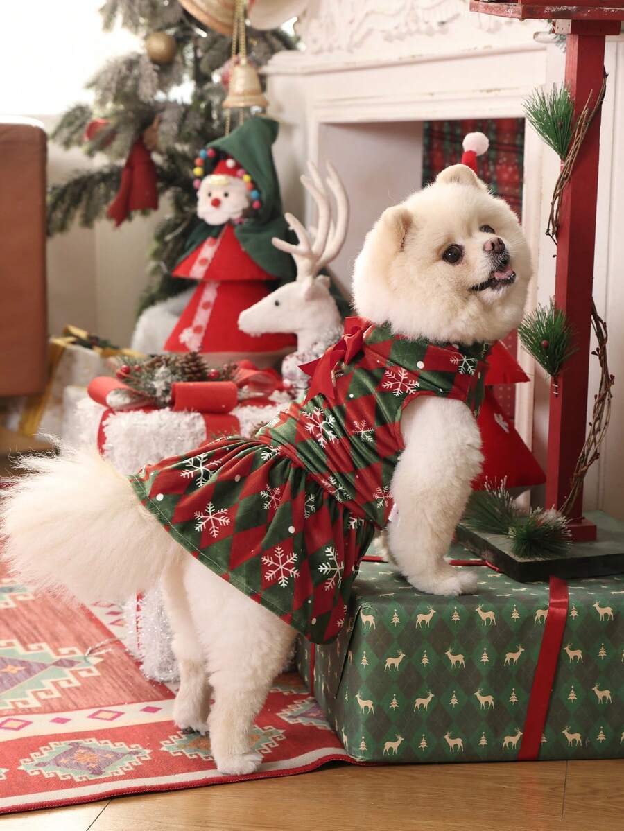 1 件格子雪花高领天鹅绒狗狗连衣裙圣诞节小狗裙子服装宠物服装猫服装带蝴蝶结适合小型犬