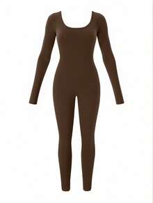 AiTyi 女士连体裤，修身休闲日常褶皱露背镂空舒适时尚性感修身户外运动百搭款，适合毕业、返校、圣诞节、新年、秋冬季针织长袖连体裤 - 棕色 - 查看 8