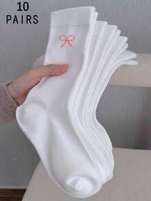 1/3/5/10/15/20双装 女士纯色甜美粉色蝴蝶结舒适简约产后袜，吸湿排汗中筒袜