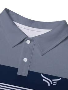 Men's Blue Striped 3D Digital Print Long Sleeve Shirt - Casual Comfortable Fit, Quarter Button Collar, Suitable For Business And Home Use, Machine Washable Polyester Fiber - Mixed Colors - View 3