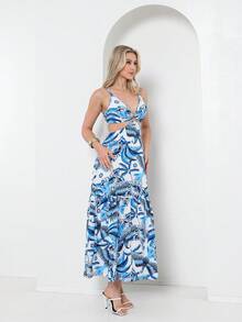 Dress With Elastane At The Back, You Can Tie It At The Back With A Print - Blue and White - View 4
