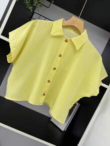 ELLIE Casual Striped Print Loose And Cropped Shirt - 黃色條紋 - 查看 2