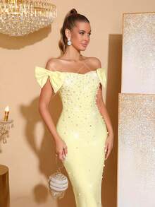 新款女士性感露背重工闪亮珍珠钻石紧身绷带长袖蝴蝶袖优雅女士节日派对婚礼宾客伴娘礼服正式晚礼服 - 黃色 - 查看 8