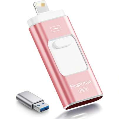 Chiavetta USB da 128 GB per iPhone, chiavetta di memoria Lightning certificata MFi, unità flash 3 in 1 per iOS/Android/PC, chiavetta di memoria USB 3.0 ad alta velocità, espansione di memoria esterna per iPhone, rosa