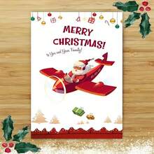 1 buc., Felicitare festivă de Crăciun cu avionul lui Moș Crăciun, Design de desene animate, Hârtie, Felicitare personalizată pentru prieteni, familie și cei dragi, Ideală pentru invitații și urări de sărbători, Sezonul Crăciunului