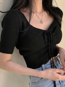 2025春夏新款蝴蝶结前襟女式短袖针织上衣 - 黑色 - 查看 3