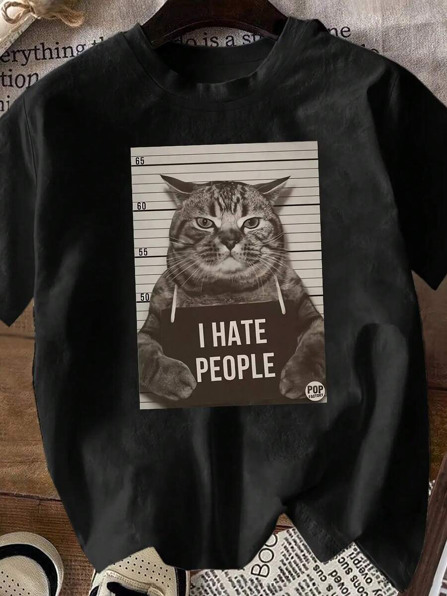 Spring And Summer New Cat Expression Pack Funny Prison Style Casual Party Women's Black T-Shirt - màu đen - Xem 1