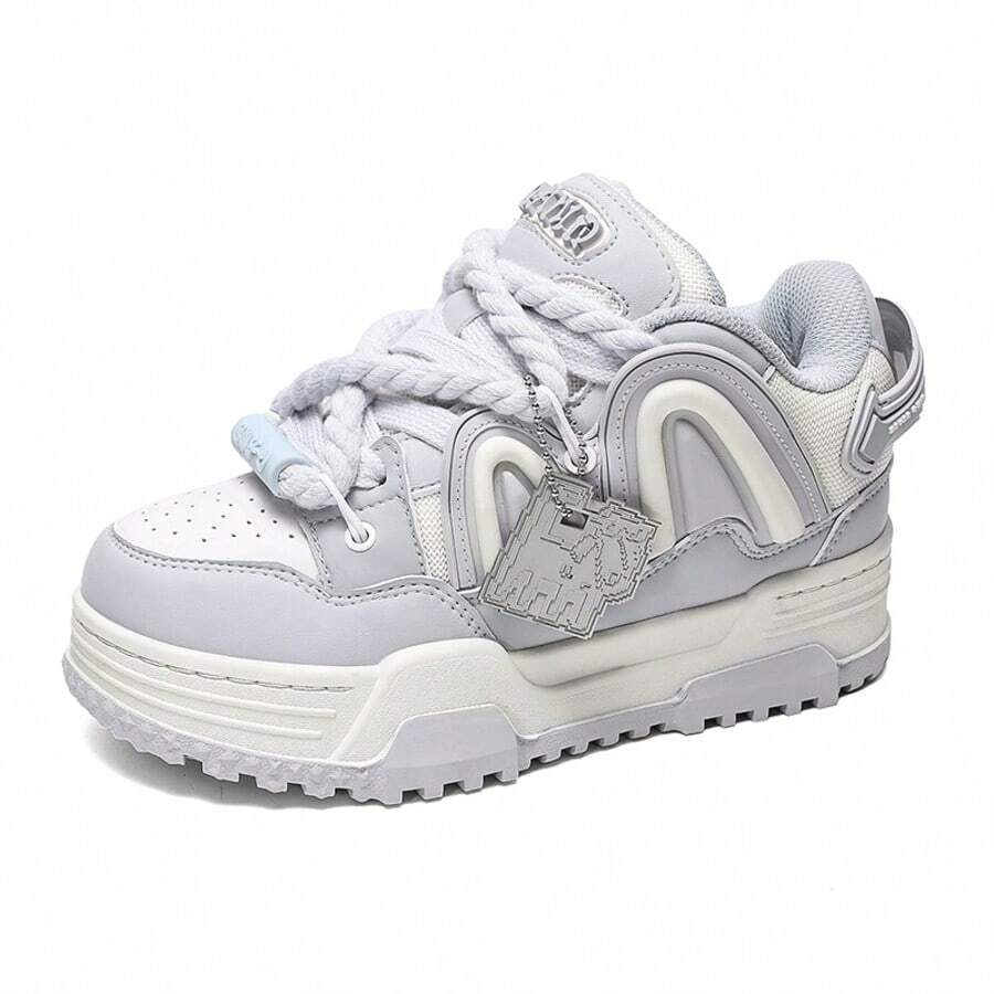 Q-AND  Women's Casual Sneakers, Outdoor Skateboard Shoes, Women's Thick-Soled Skateboard Shoes | Low-Top Shock Absorption, Thick Shoelaces With Waffle Soles | Breathable Casual Sneakers | Fashion Sneakers | Must-Have For Outdoor Street Travel - 灰色 - 查看 1