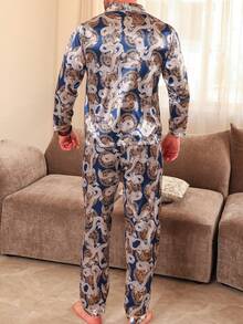 2pcs Men's Sleepwear Set, Long Sleeve Robe & Pants, Vintage Dragon Pattern Luxury Satin, All Season, Fall Clothes