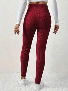 Women's High-Rise Slim Fit Ribbed Knit Pants - Elastic Elastic Band Faux Cord Detail, Solid Color, All-Season Machine Washable, Casual Home & Dressy, High-Rise Pants, Versatile & Elegant Fabric - Đỏ - Xem 4