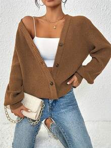 Women's Sweater - Simple Casual Front Button Design Soft Cardigan, Emerald Green Casual Fashion Sweater Ribbed Knitted, A Must-Have For All Seasons, Loose And Comfortable Fabric Long-Sleeved Top, V-Neck Design Front Button Breathable Material, Elegant Style For Daily Office Wear - 駝色 - 查看 2
