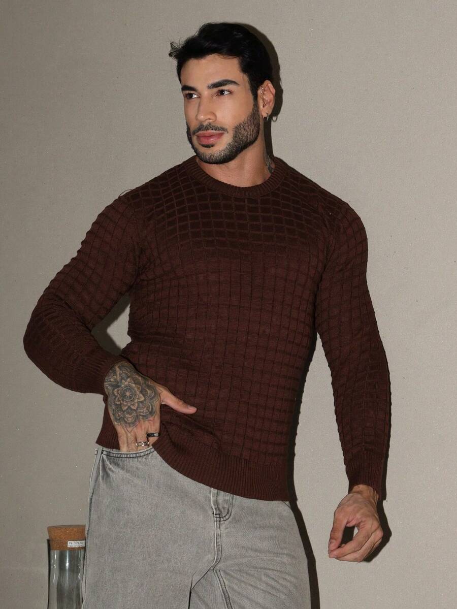 Men's Knitted Sweater, Long Sleeve, Solid Color, Autumn Winter, Chic, Elegant, Father's Day - Rỉ Nâu - Xem 1