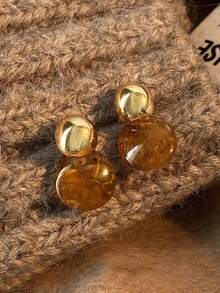 3 Pairs Vintage Amber Asymmetrical Water Drop Geometric Stud Earrings, Minimalist Design, High-End Minimalist Style Earrings Set, Suitable For Women's Daily And Festival Wear, Autumn/Winter - Set a - View 6
