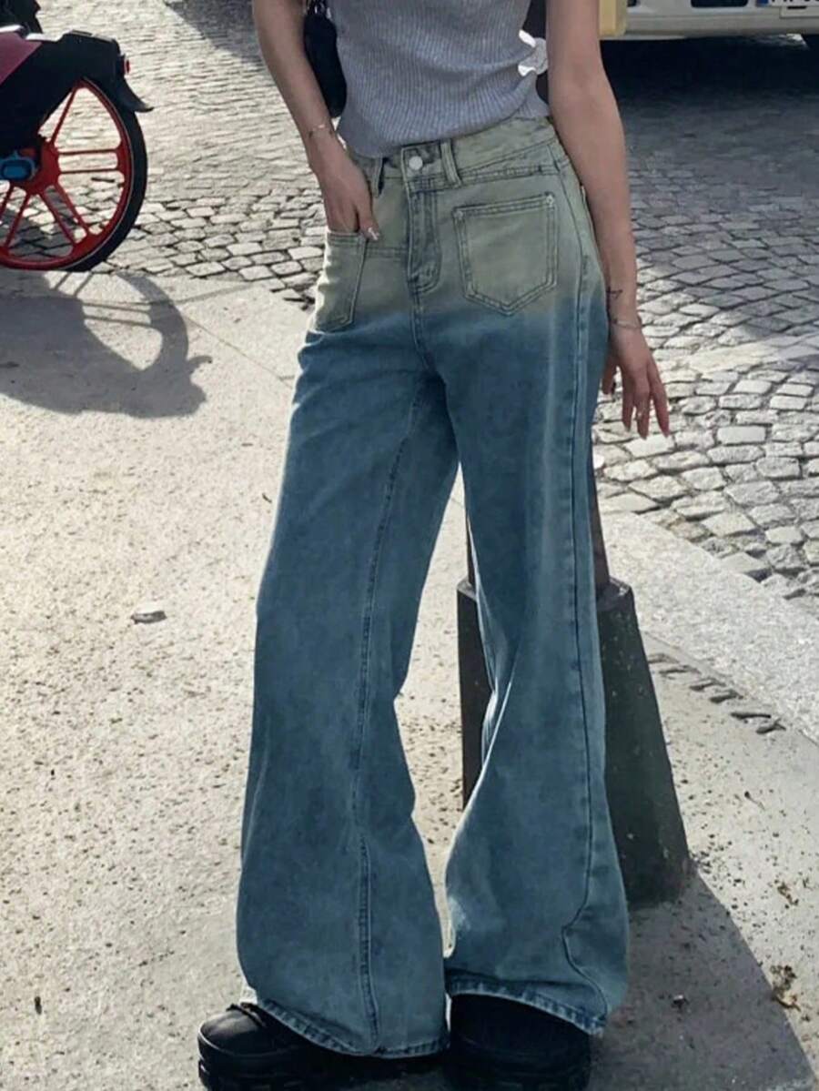 Ombre Blue Wide Leg Jeans For Women, Unique Versatile Casual Straight Leg Maxi Pants - Medium Wash - View 1