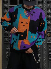 ANDREILEE Casual Loose Fit Pullover Sweater With Cute Cat Intarsia Pattern, Suitable For Spring, Autumn, Winter, Unisex European And American Style - Black - View 1