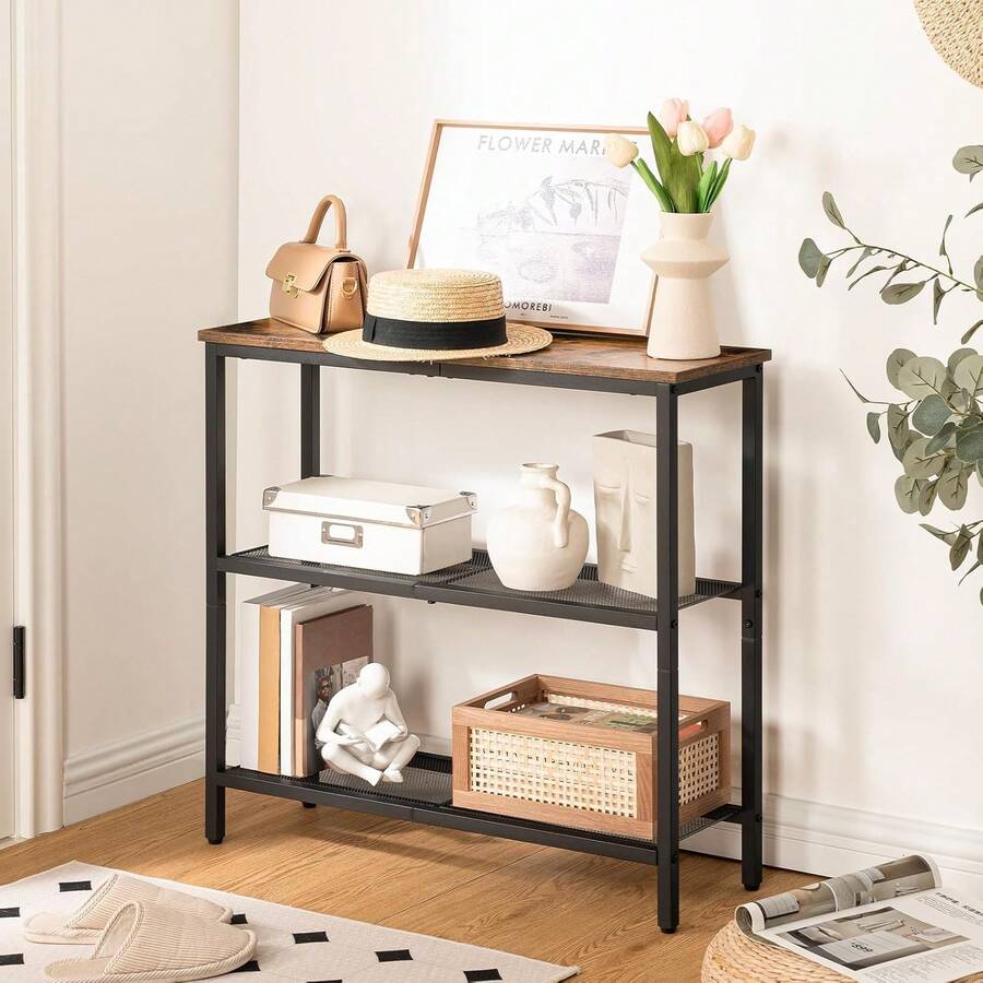 HOOBRO Console Table For Hallway Slim, Narrow Console Table, Hallway Table With 3 Shelves, Slim Sofa Table For Small Spaces, Living Room, Metal Mesh Frame, Rustic Brown And Black - Brown - View 1