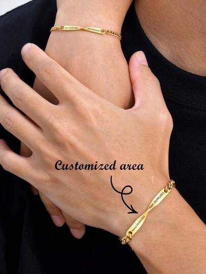 2 piezas de pulseras de pareja de acero inoxidable con grabado láser personalizado con nombre y fecha, en color dorado/plateado, regalo para novio, novia, Acción de Gracias, Navidad