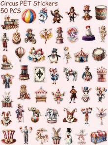 50pcs Cartoon Circus PET Transparent Stickers Funny Clown Lion Decals DIY Scrapbook Phone Fridge Helmet Skateboard Stickers - Multicolor - View 11