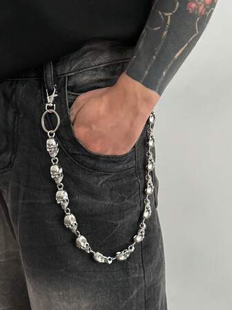1pc Fashionable Punk Exaggerated Skull Waist Chain, Hip Hop Thick Metal Chain Body Chain, For Pants Decoration, Men's Charm Jewelry, Suitable For Daily Music Festival Party Outfit, Halloween Gift