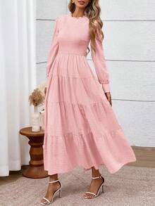 Women's Long Sleeve Maxi Dresses Fall Casual Smocked Trim Neck Swiss Dot Tiered Flowy Wedding Guest Dress - 粉色 - 查看 6