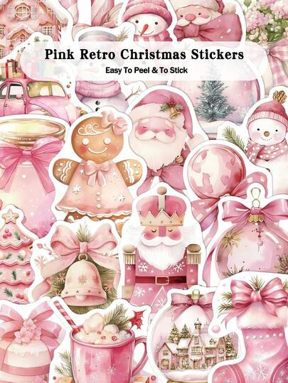 50pcs Pink Retro Christmas Sticker Scrapbook Desktop Holiday Gifts Party Classroom DIY Decorations Graffiti Stickers