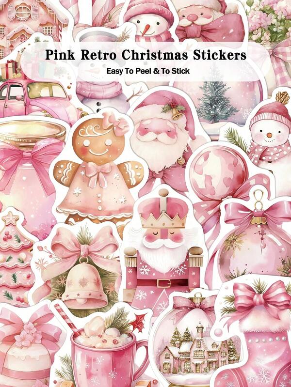 50pcs Pink Retro Christmas Sticker Scrapbook Desktop Holiday Gifts Party Classroom DIY Decorations Graffiti Stickers