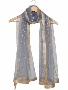Woman's Embellished Net Dupatta Scarf Shawl Wrap Soft Bridal Wedding - Grey - View 3