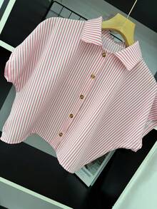 ELLIE Casual Striped Print Loose And Cropped Shirt - 淡粉紅色條紋 - 查看 2