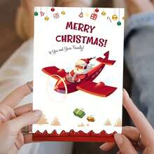 1 buc., Felicitare festivă de Crăciun cu avionul lui Moș Crăciun, Design de desene animate, Hârtie, Felicitare personalizată pentru prieteni, familie și cei dragi, Ideală pentru invitații și urări de sărbători, Sezonul Crăciunului