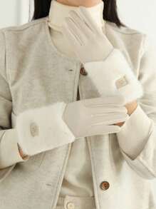 1 双女士休闲优雅面料绗缝冬季保暖时尚绒面绒触屏手套，日常保暖毛绒 PU 皮手套