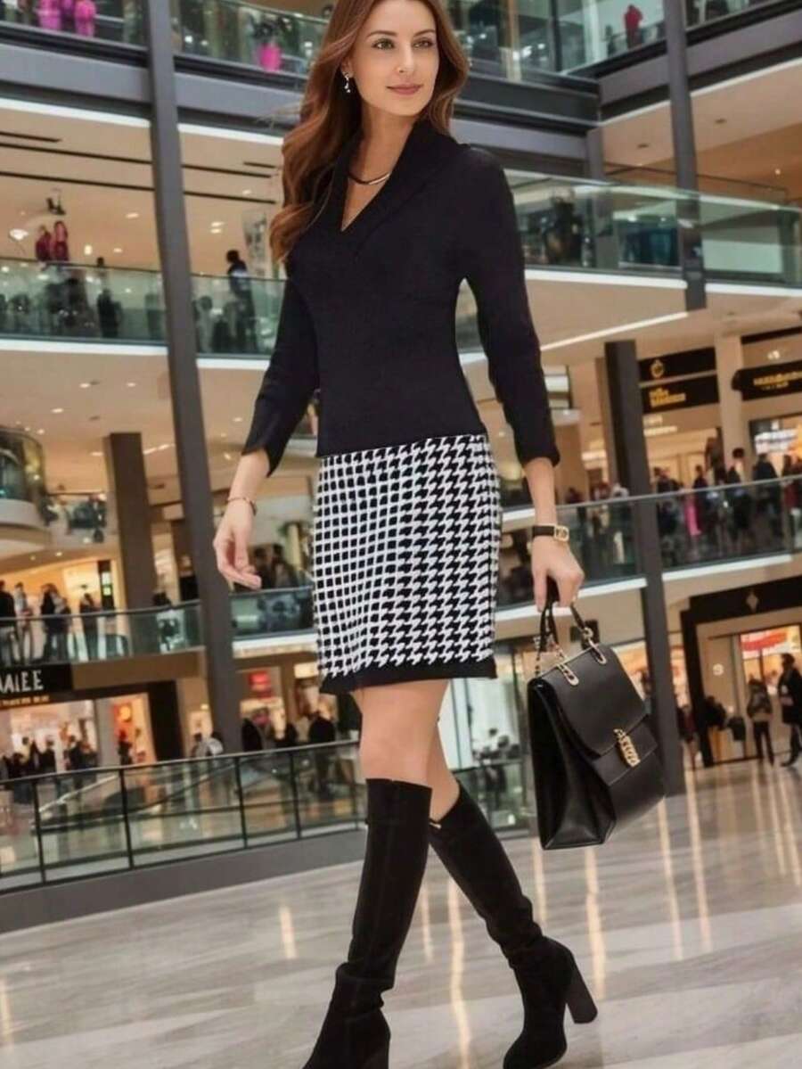 Women's Long Sleeve V-Neck Bottom Patterned Scuba Mini Dress, 12027 - Multicolor - View 1
