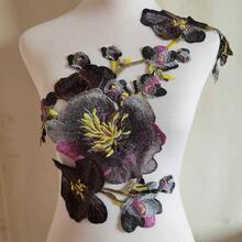 1pc Black Embroidered Water-Soluble Lace Fabric Patch, Traditional Chinese Peony Flower Fabric Applique - Black - View 6