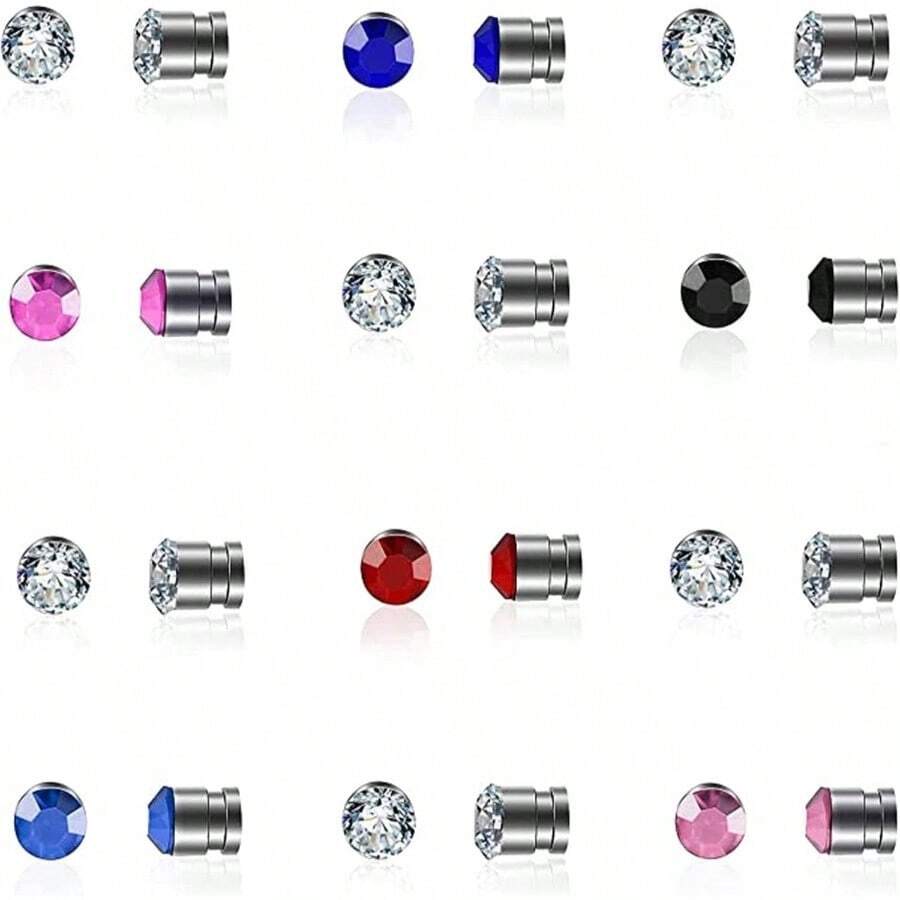 12 Pcs Stainless Steel Magnetic Ear Stud Earrings Set Colorful 3mm Non Piercing Nose Lip Rings Women Men Jewelry - F - 查看 1