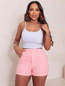 Traditional Denim Shorts With Elastic Waistband - Màu Hồng baby - Xem 4