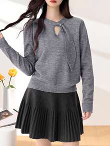 Grey Ribbon Sleeve Hollow Out Knit Sweater For Women, Soft Base Layer, Commuter Style, Autumn/Winter