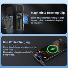Mini Professional Wireless Lavalier Microphone, Compatible With IPhone, IPad, Android Devices | Smart Noise Cancellation, Status Display, Magnetic Rotatable Clip, Long Battery Life | Suitable For Video Recording, Vlogging, Teaching, Interviews, Podcasts, Etc. - Black - View 5