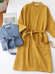 2/1 件华夫格纹理浴袍，男女通用成人和服长袍，秋冬浴袍，寄宿家庭酒店 SPA 浴袍，吸水速干，宽松版型，多色，适用于浴室用品、家居用品、酒店旅行配件、旅行必需品、假日学校用品、返校用品 - 彩色 - 查看 6