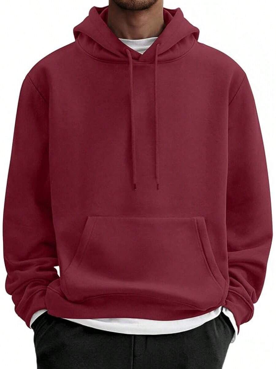 Men Cotton Fleece Hooded Sweatshirt Casual Long Sleeve Hoodies Pullover Fashion Drawstring Hoodie With Kanga Pocket - Màu Đỏ Sâu - Xem 1