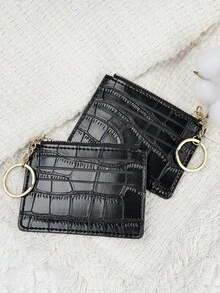 Stone Pattern Alligator Print PU Portable Zipper Ultra-Thin Minimalist Small 6-Card Pack Multi-Card Purse Fashion Men's And Women's Short Wallet Simple Daily Use For Women Wallet Mini Wallet Purse Wallet Fall Autumn Wallet Keychain Card Wallet - Black - View 3