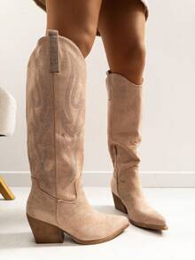 VIKIVIKI SHOES WOMEN'S SHOES: Cowboy-Style Knee-High Boots With A Pointed Toe And Mid-Heel, Featuring Decorative Details And A Side Zipper. Versatile Footwear To Pair With Dresses, Skirts, And Pants, Ideal For Creating Contemporary, Elegant Looks For A Variety Of Occasions. Estimated Delivery: 1-3 Business Days (Mainland) - 卡其色 - 查看 5