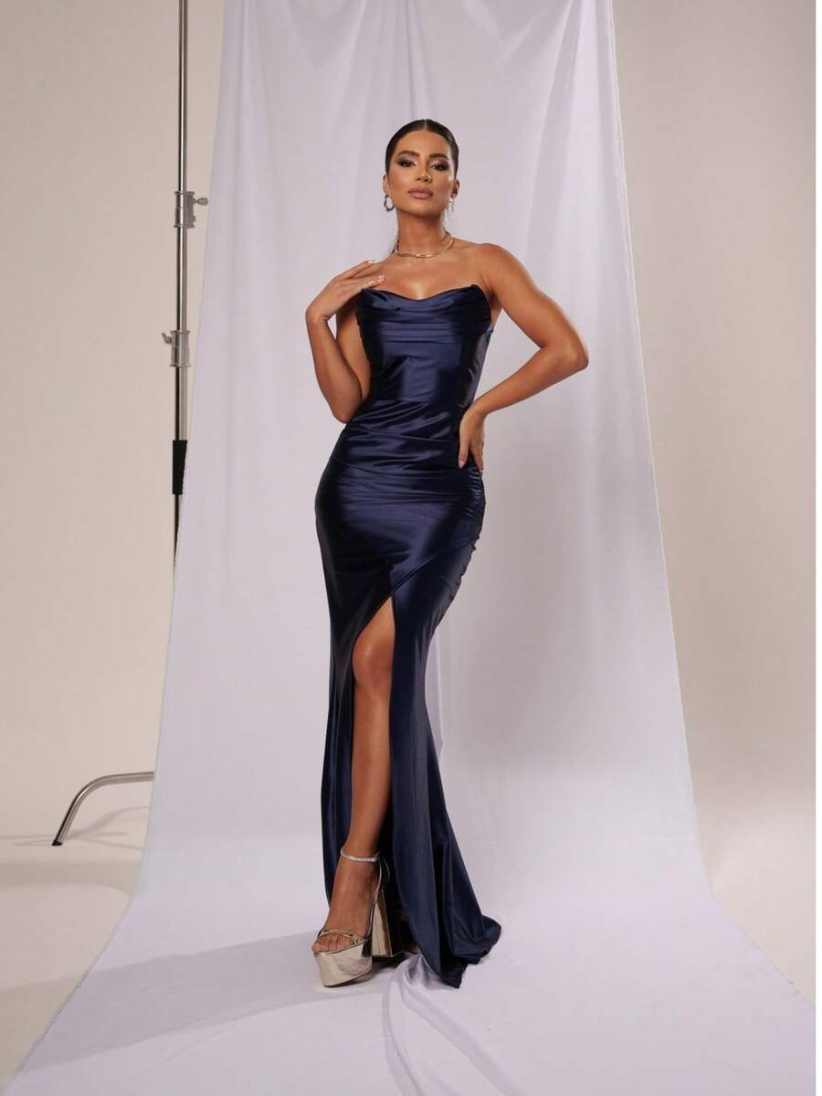 Strapless Dress For Parties, Formal Events, Dinner, Cocktail, Wedding Guest - 藏蓝色 - 查看 1