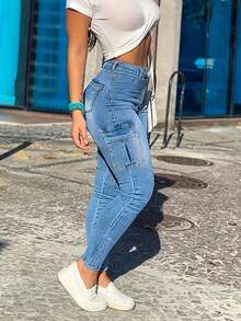 Flap Pocket Side Cargo Jeans - Medium Wash - View 4