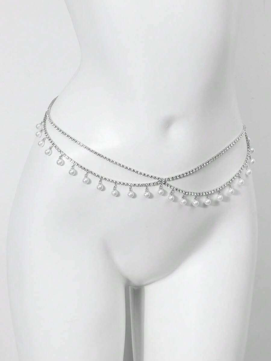 1 件法国仿珍珠流苏吊坠腰链，优雅奢华，适合女士 - 雙層-銀色 - 查看 1