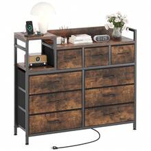 Cómoda para TV con estación de carga y estantes abiertos, cómoda de tela con 9 cajones y cubierta de madera, amplia cómoda de almacenamiento para sala, pasillo y entrada (39 x 11.8 x 33.9 pulgadas) - Marrón - Ver 9